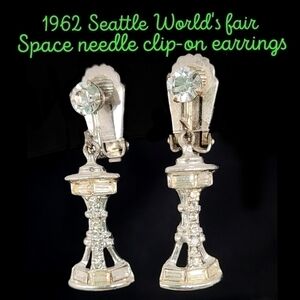 1962 Seattle space needle rhinestone world's fair clip-on earrings